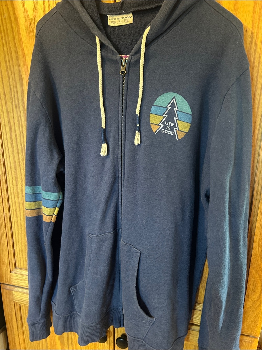 Life Is Good Men's Navy Zip-Up Hoodie with Striped Accent